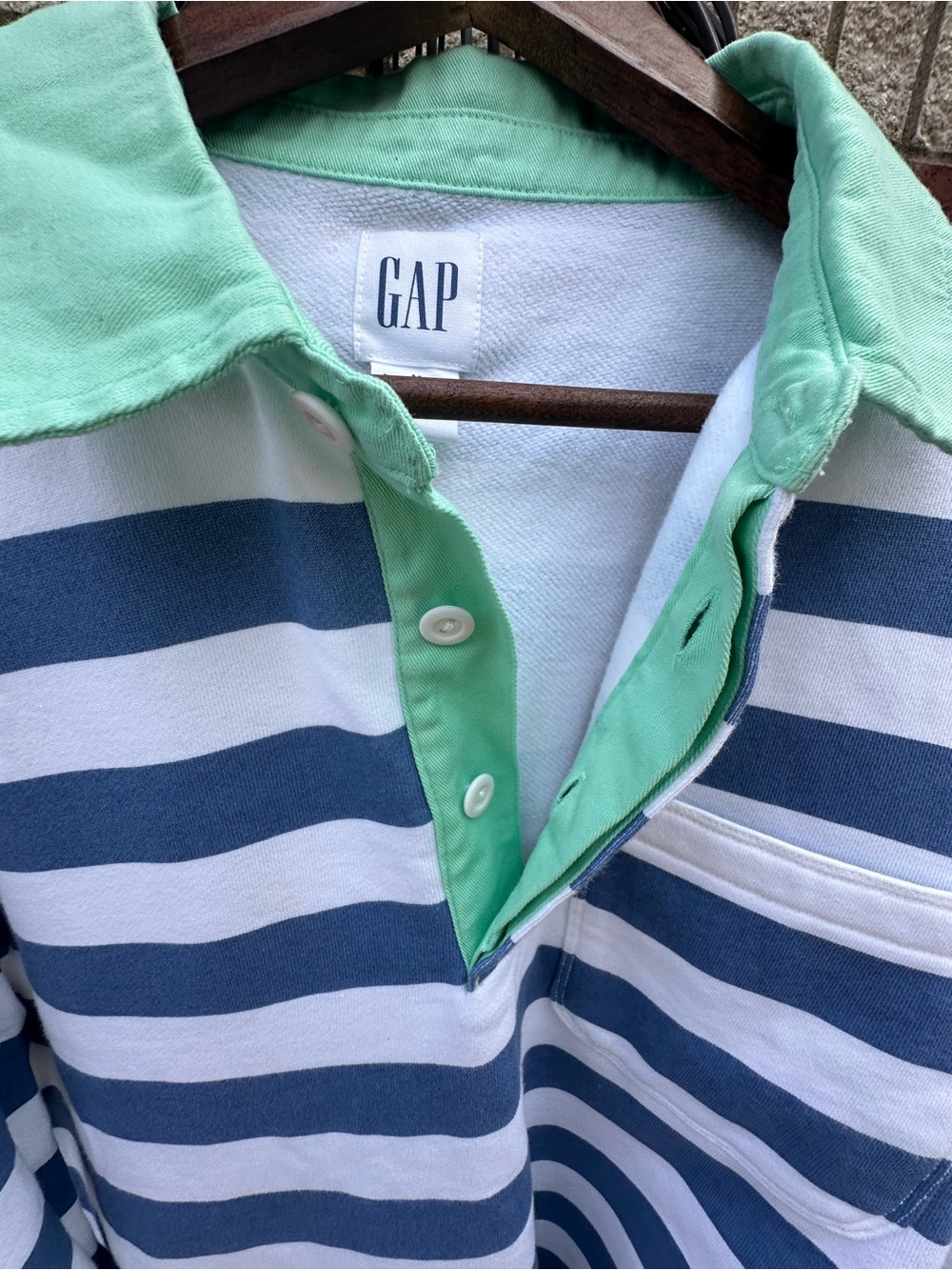 GAP Pullover 3/4 Button Rugby-Inspired Striped Sweatshirt Style Collar Classic - Picture 8 of 15